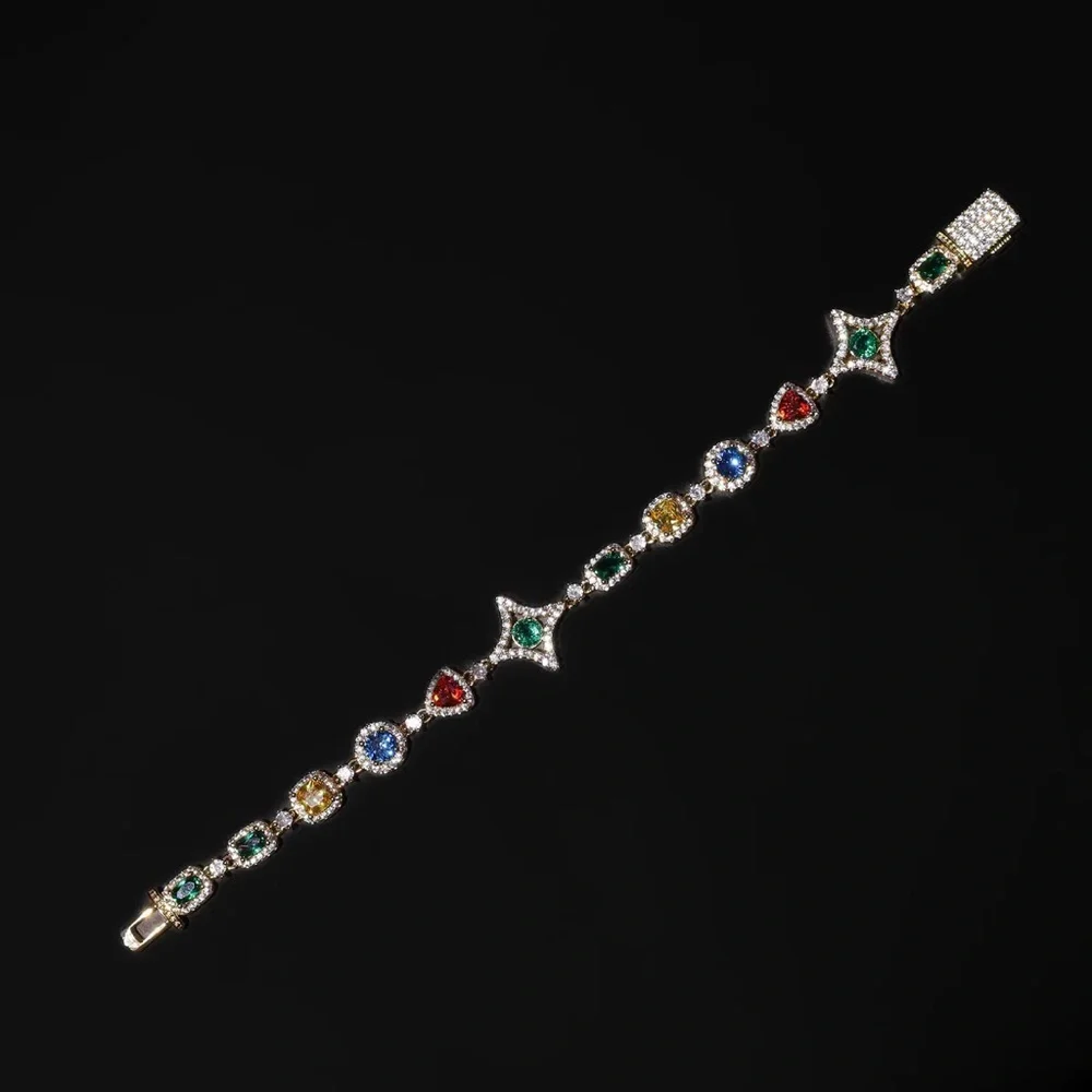 Gold Multicolor Gemstone Link Bracelet - 8inch Designer Style